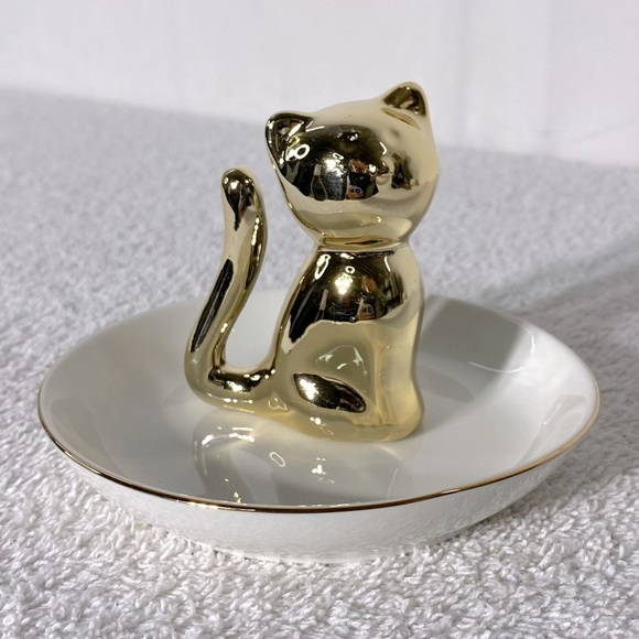 Ceramic Gold Tone Cat Ring Holder Dish - Picture 1 of 9